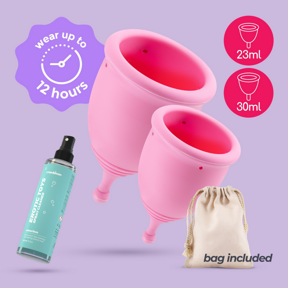 Minerva - Copas Menstruales con Bolsa y Limpiador de Juguetes - S y L - Rosa