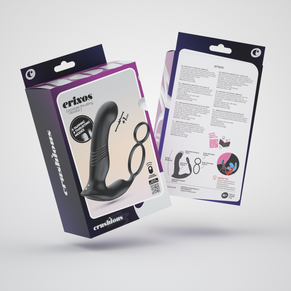 Erixos - Masajeador Prostático Vibrante con Correa para Testículos y Anillo para el Pene - Negro