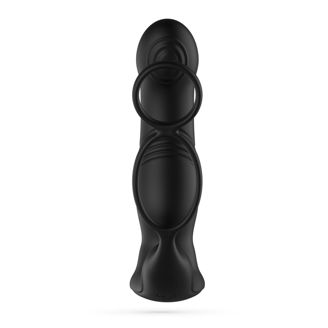 Erixos - Masajeador Prostático Vibrante con Correa para Testículos y Anillo para el Pene - Negro