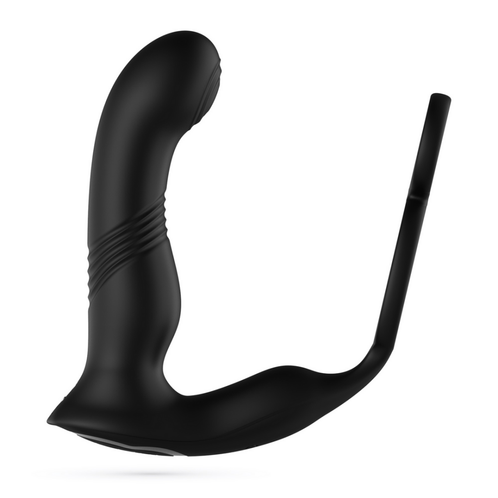 Erixos - Masajeador Prostático Vibrante con Correa para Testículos y Anillo para el Pene - Negro