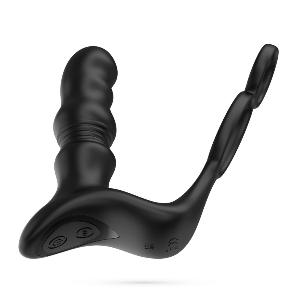 Crixus - Masajeador Prostático Vibrante con Correa para Testículos y Anillo para el Pene - Negro
