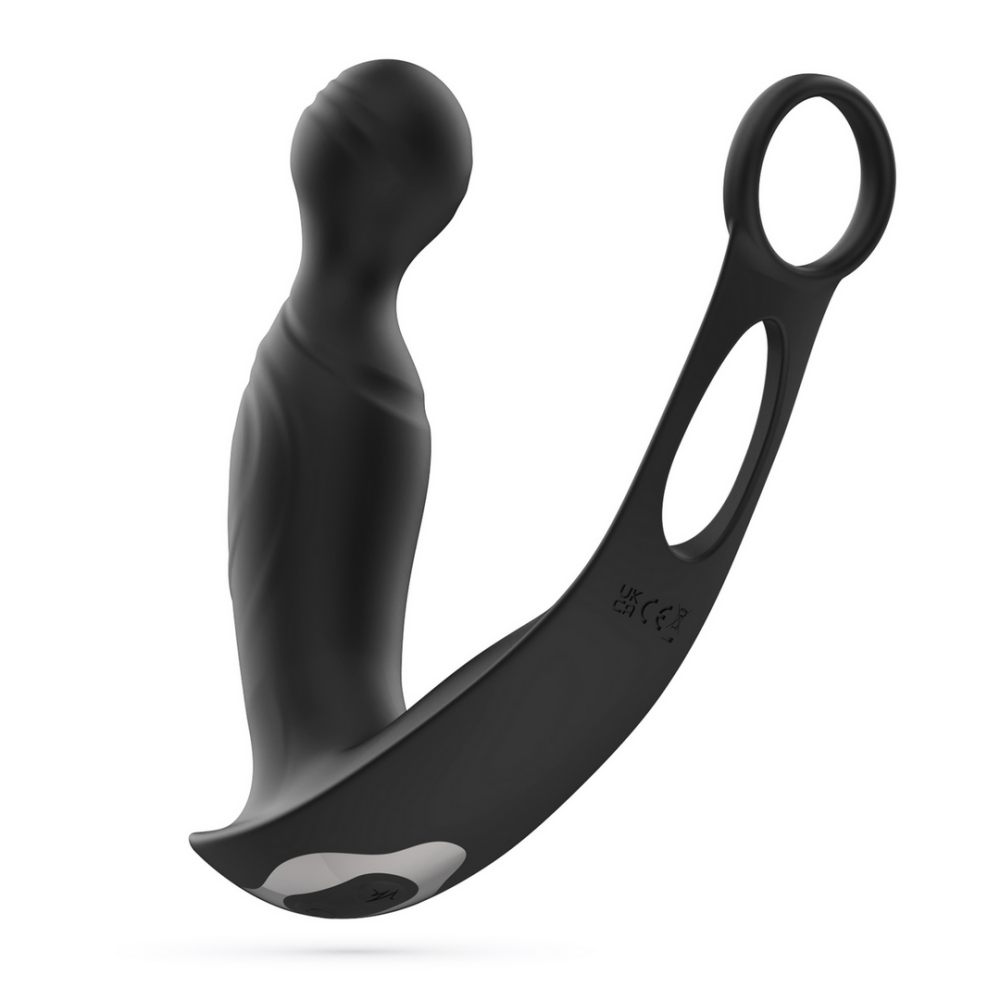 Flamma - Masajeador de próstata vibrante con correa para bolas y anillo para el pene - Negro