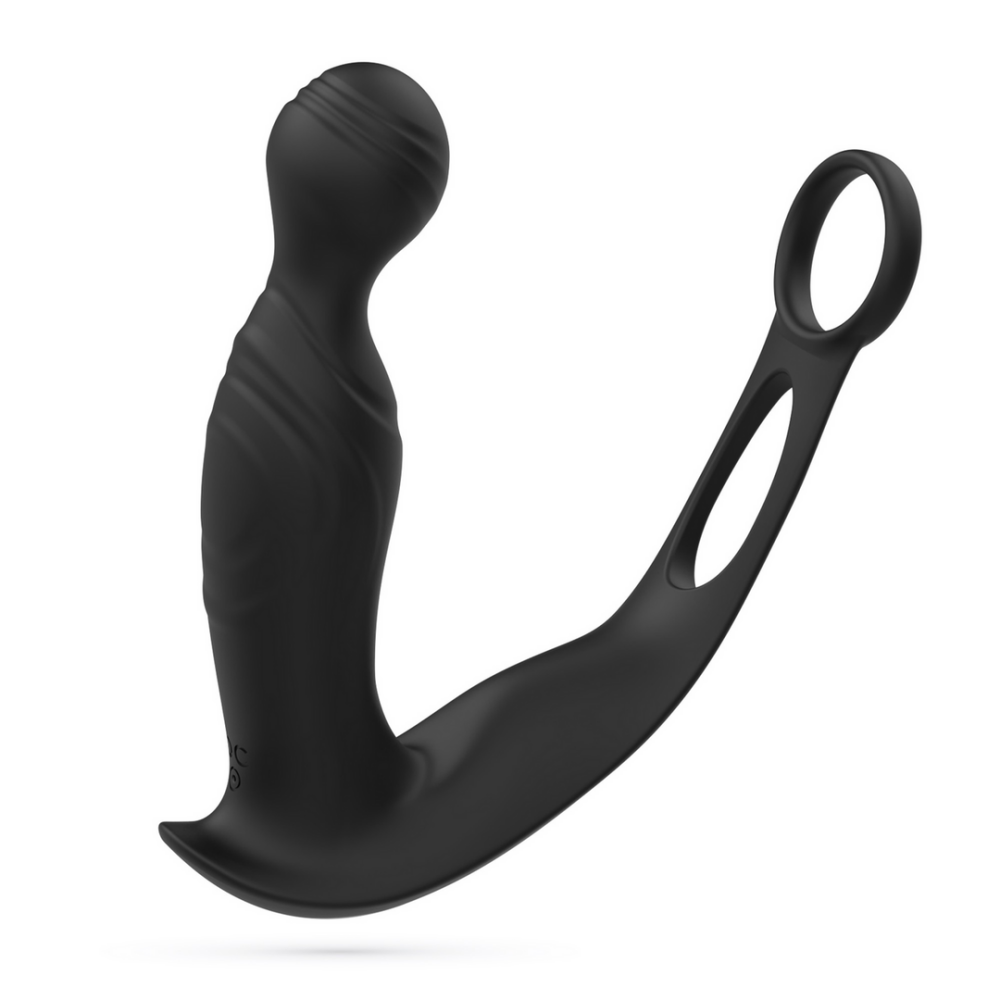 Flamma - Masajeador de próstata vibrante con correa para bolas y anillo para el pene - Negro