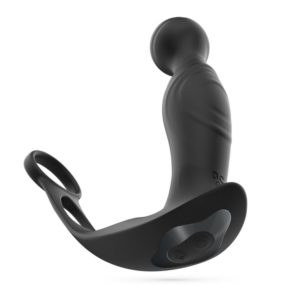 Flamma - Masajeador de próstata vibrante con correa para bolas y anillo para el pene - Negro
